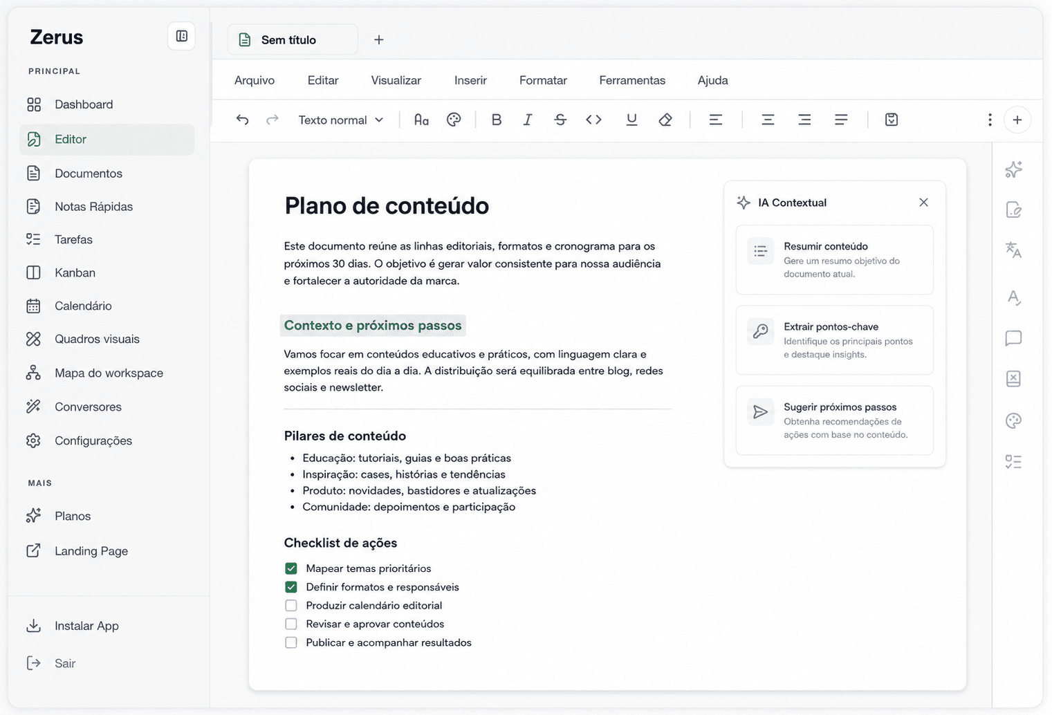 Prévia da interface do workspace Zerus após o login, com navegação lateral, editor de documentos e ferramentas de trabalho