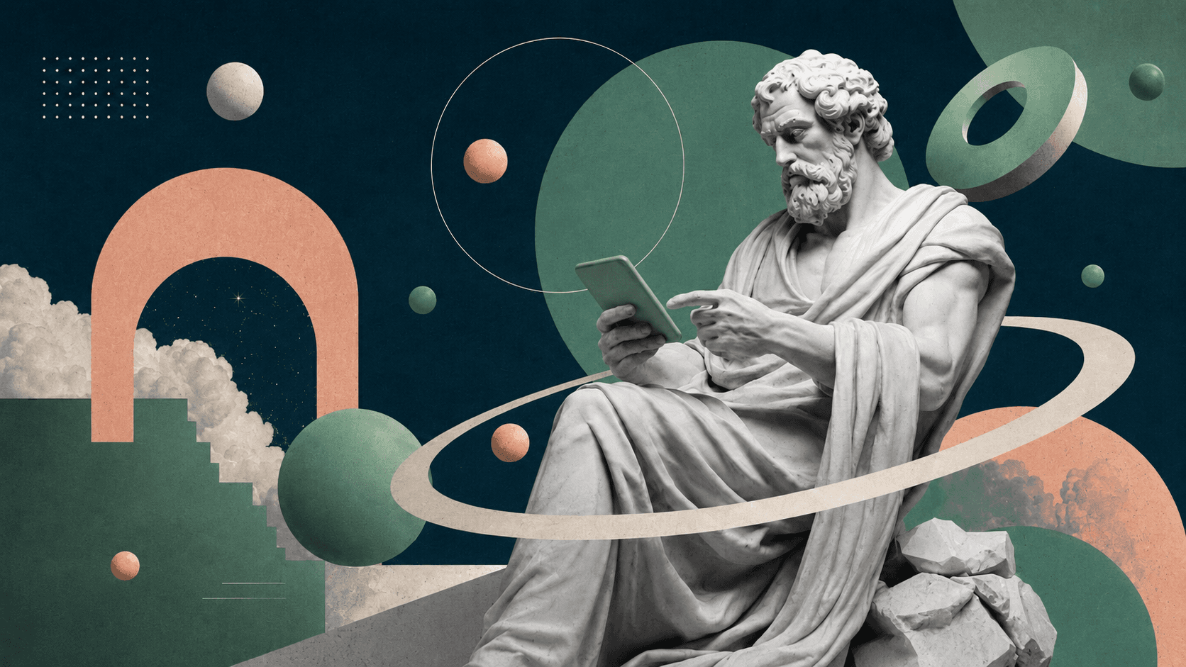 Filósofo clássico lendo em tablet digital, rodeado por órbitas e geometria — metáfora do workspace inteligente Zerus