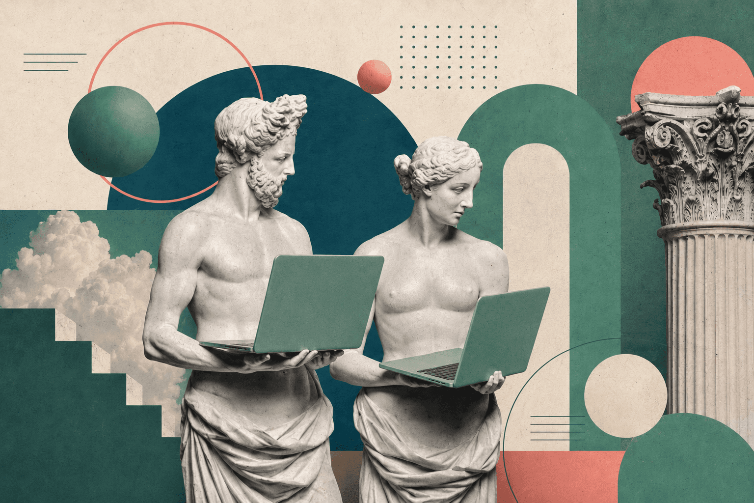 Duas figuras clássicas com laptops em cenário filosófico — metáfora da diversidade de uso do workspace