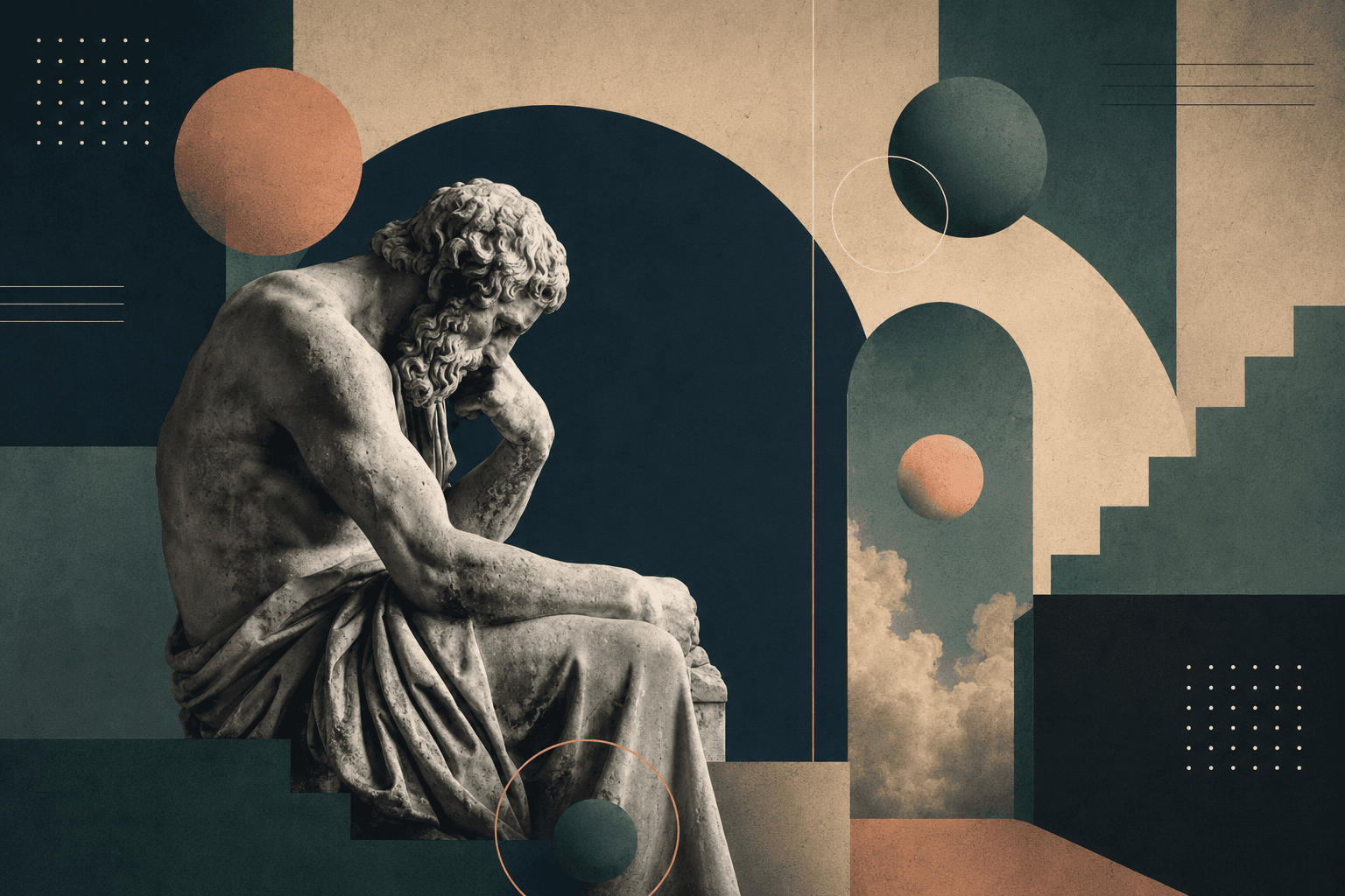 Pensador em pose contemplativa entre arcos geométricos — metáfora da fragmentação do conhecimento